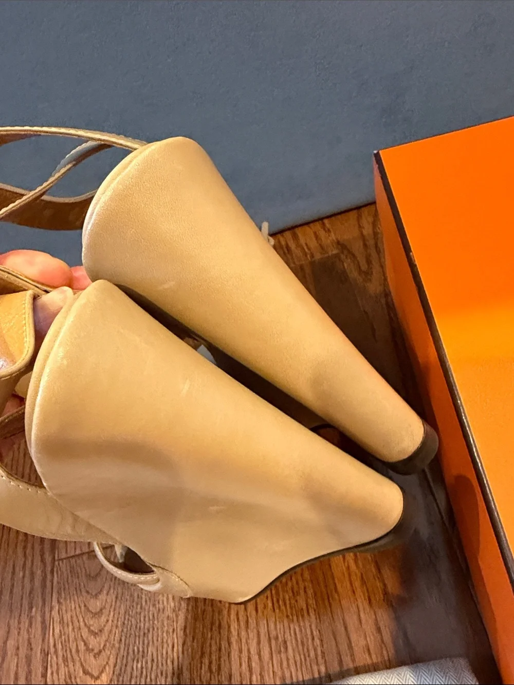 Hermes Beige Leather Platform Slingback Sandals